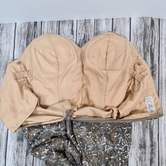 SCALA Silk Strapless Sequin Beaded Cocktail Mini Dress Style 48322 Lead Grey - Picture 9 of 13